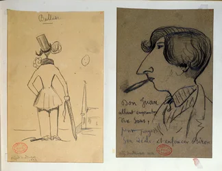 Dva obrazy, "Balada" (Měsíc jako tečka na I): Alfred de Musset (1810-57) zezadu (vpravo), "Don Juan...": Musset kouří (vlevo), 1834